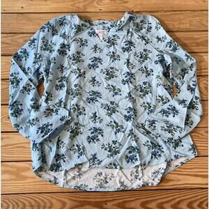 NEW Denim & Co Floral Crochet Trim Woven Long Sleeve Top Size Medium Blue